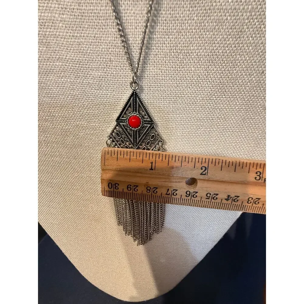 Vintage Western Silver Tone Red Cabochon Tassel Necklace 36” + 2”